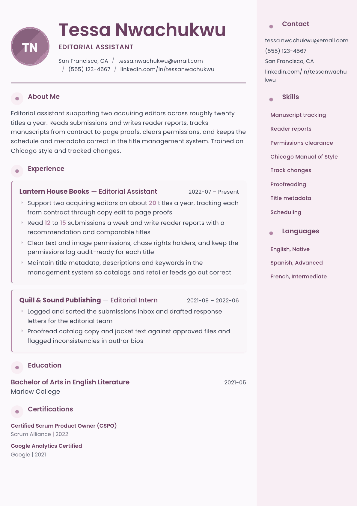 Editorial Assistant resume example, Bloom template