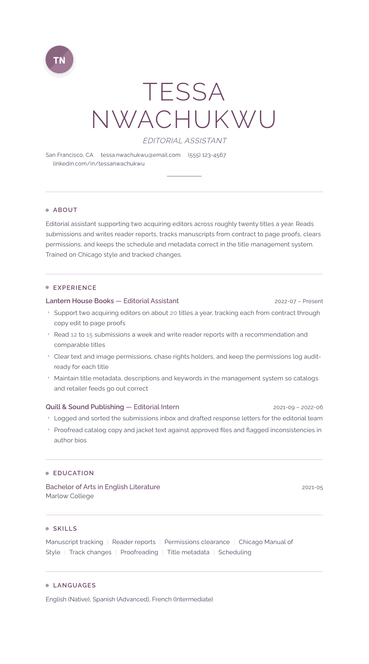 Editorial Assistant resume example, Serenity template