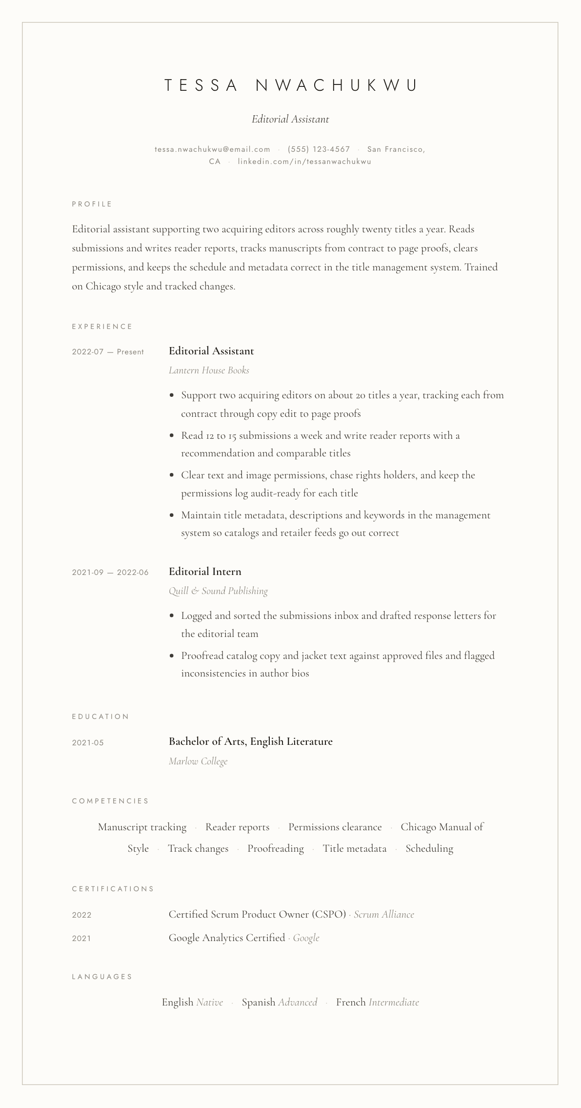 Editorial Assistant resume example, Vellum template