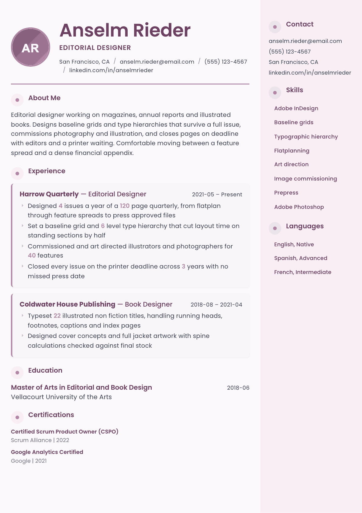 Editorial Designer resume example, Bloom template