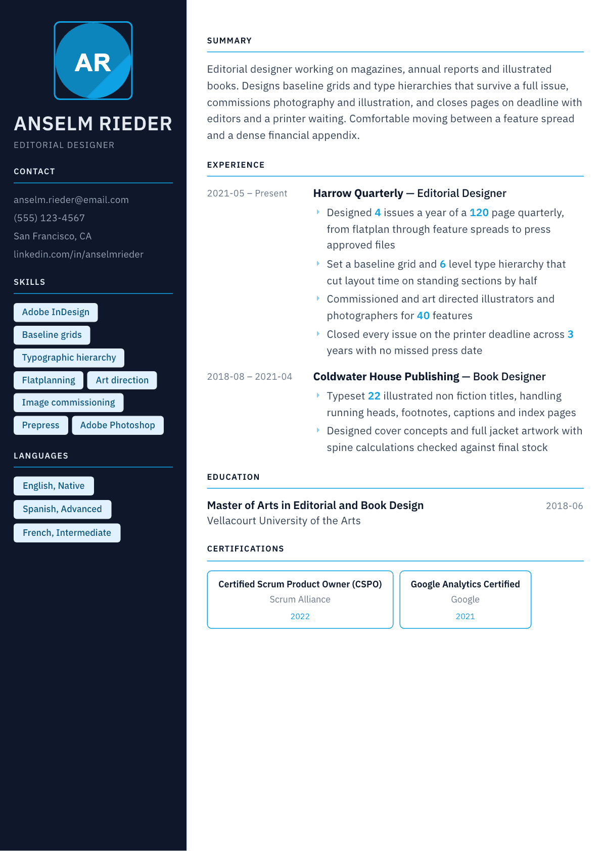 Editorial Designer resume example, Everest template