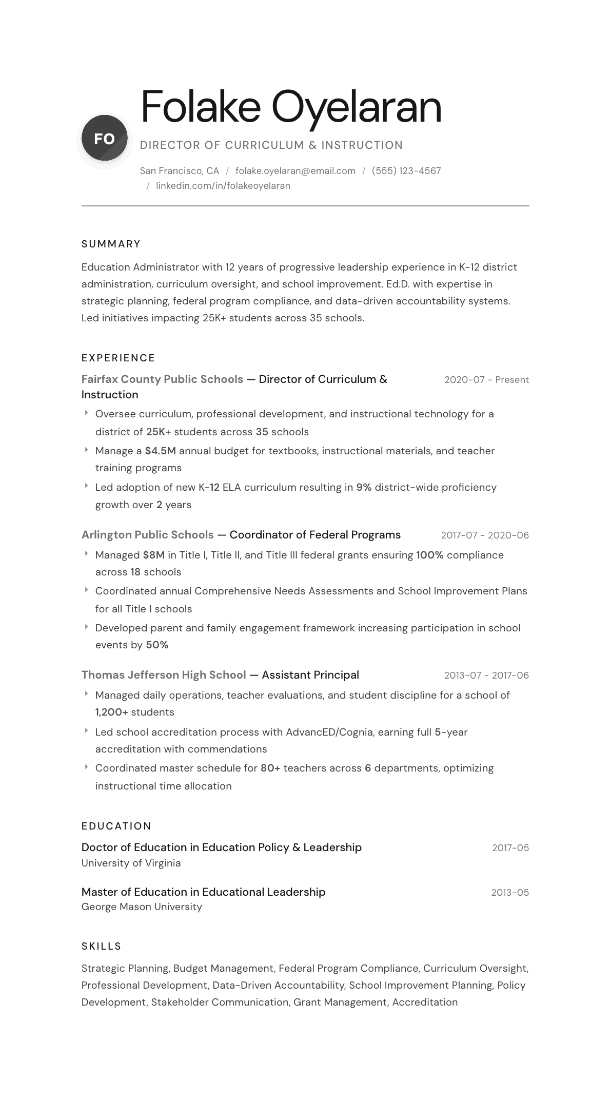 Education Administrator resume example, Whisper template