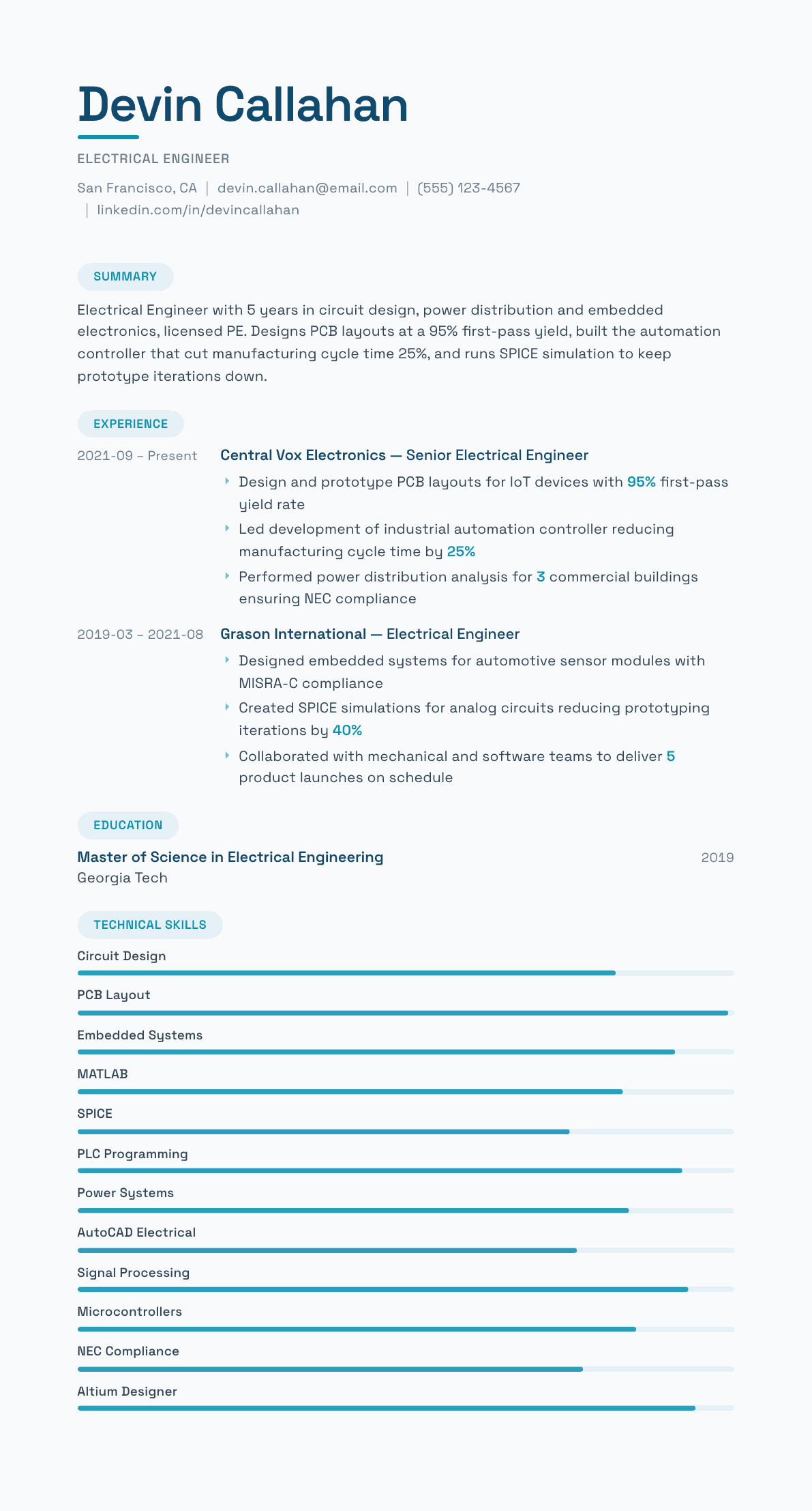 Electrical Engineer resume example, Horizon template