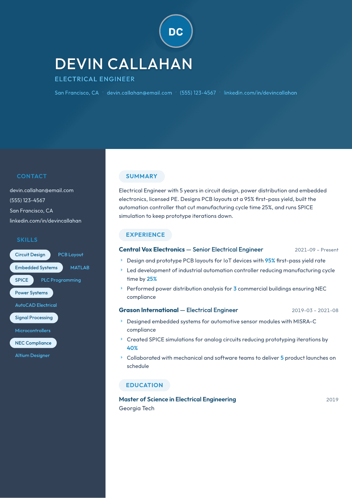 Electrical Engineer resume example, Nexus template