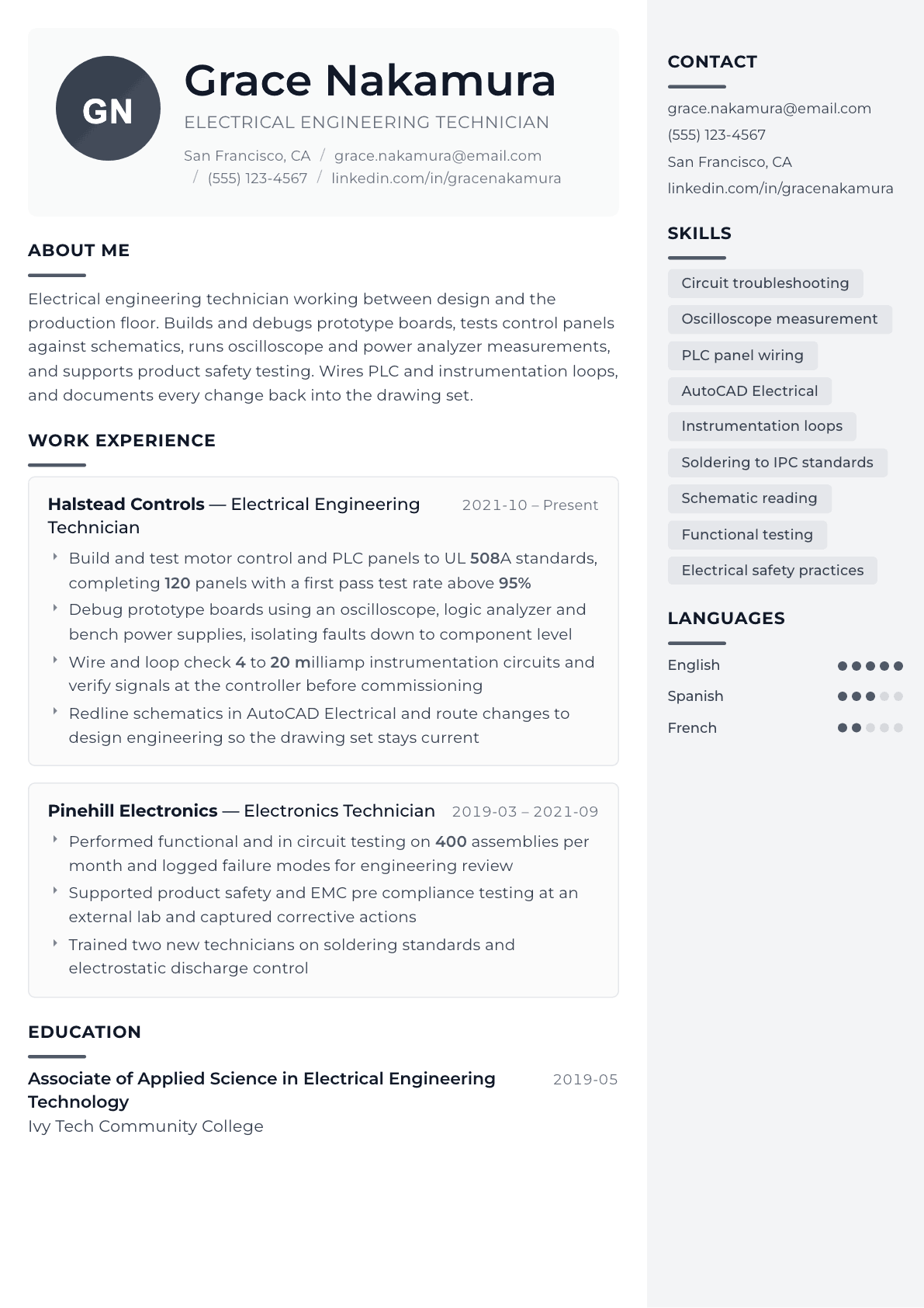 Electrical Engineering Technician resume example, Metropolitan template