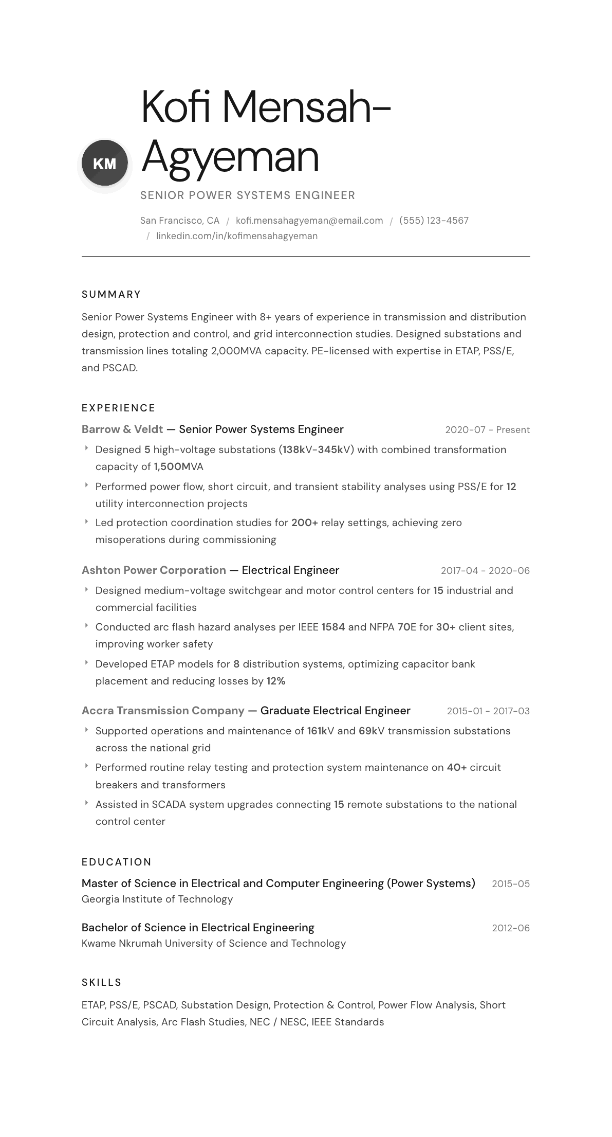 Electrical Power Engineer resume example, Whisper template