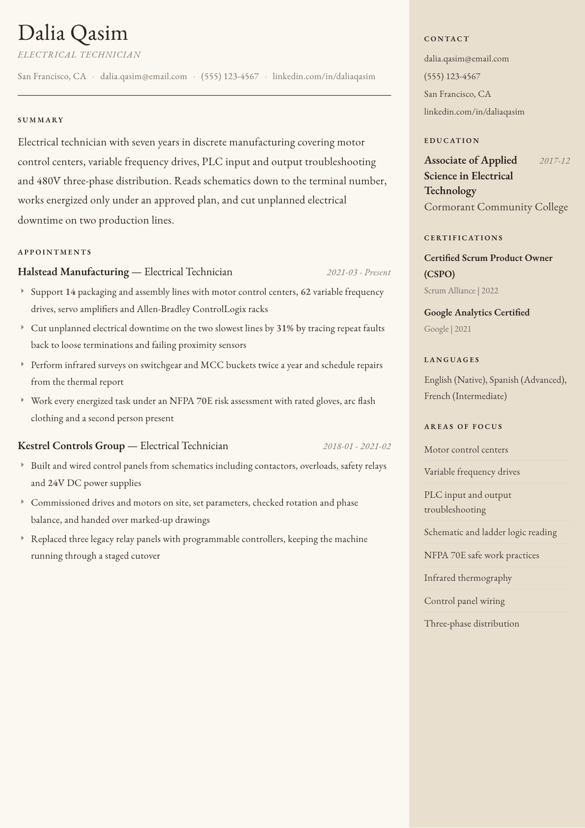 Electrical Technician resume example, Manuscript template