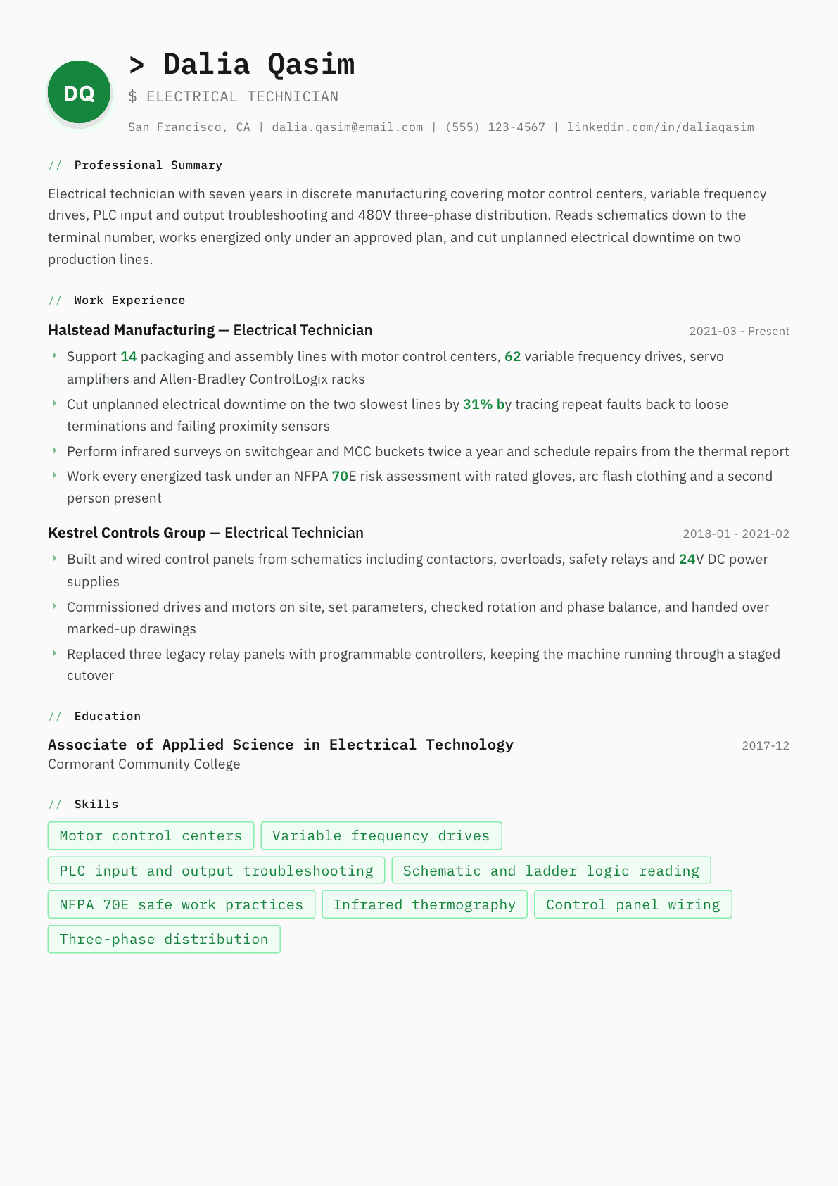 Electrical Technician resume example, Amsterdam template