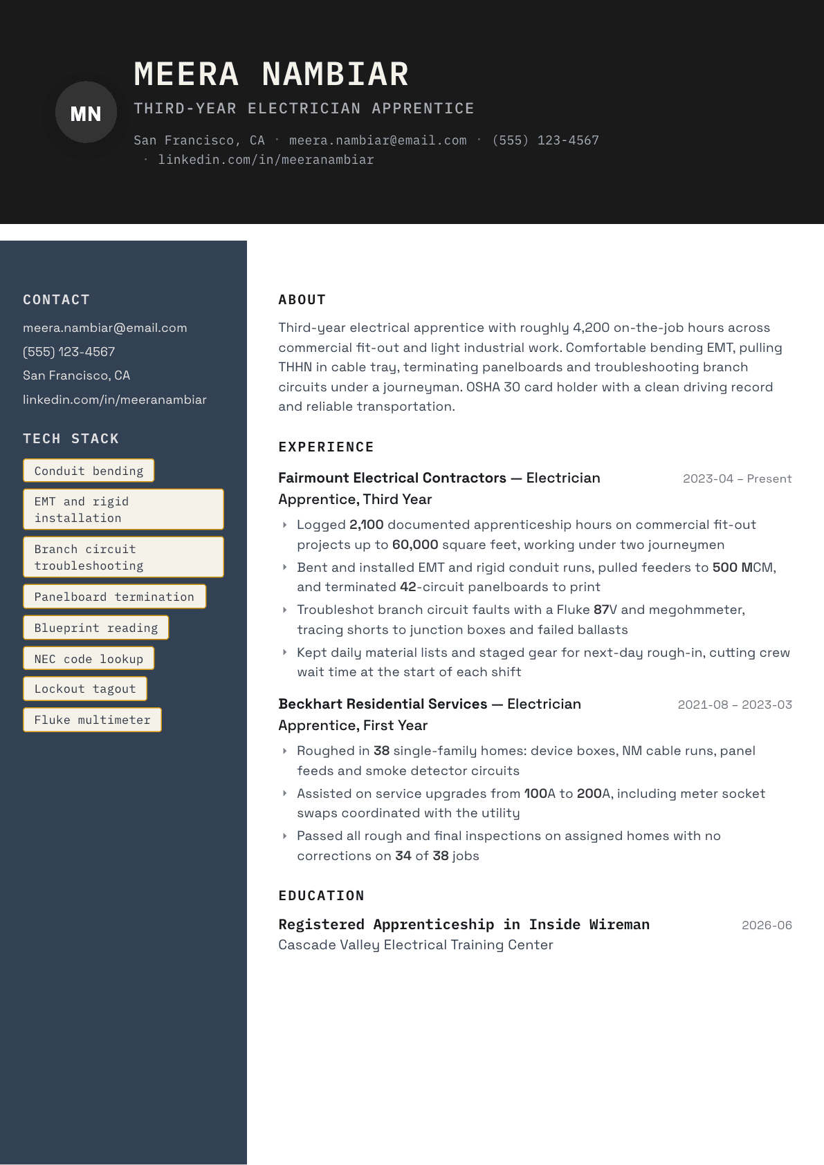 Apprentice Electrician resume example, Codebase template