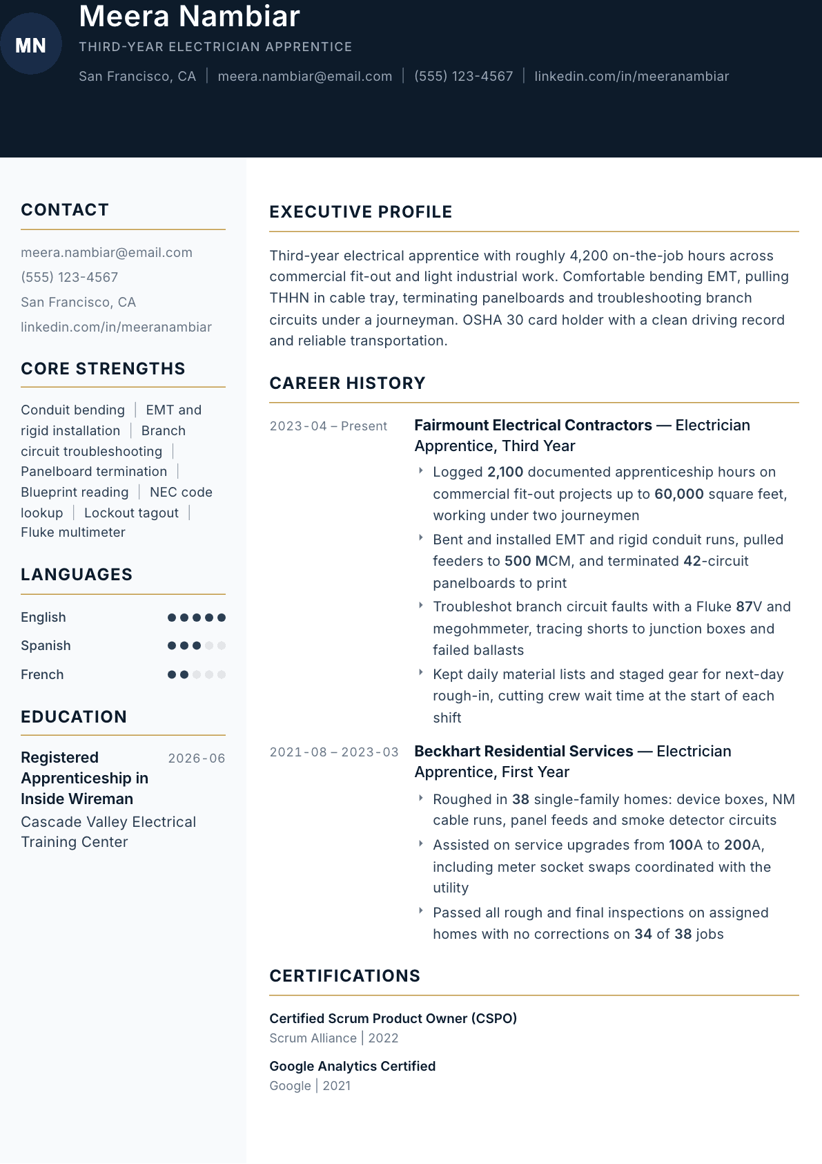 Apprentice Electrician resume example, Consulate template