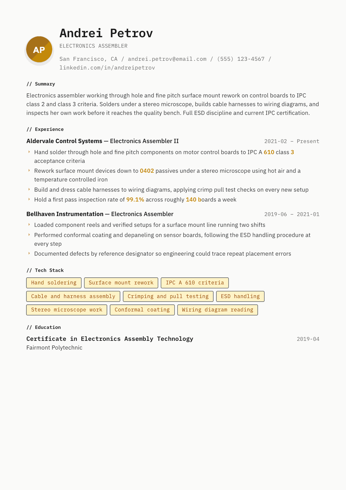 Electronics Assembler resume example, Inkwell template