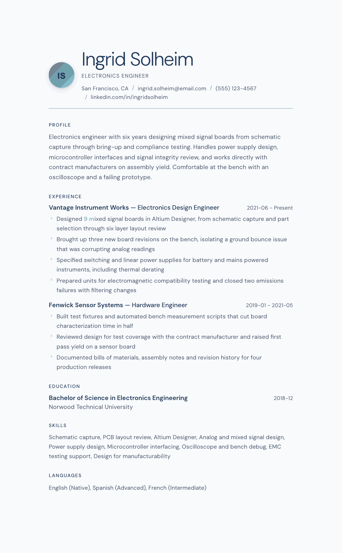 Electronics Engineer resume example, Nordic Frost template