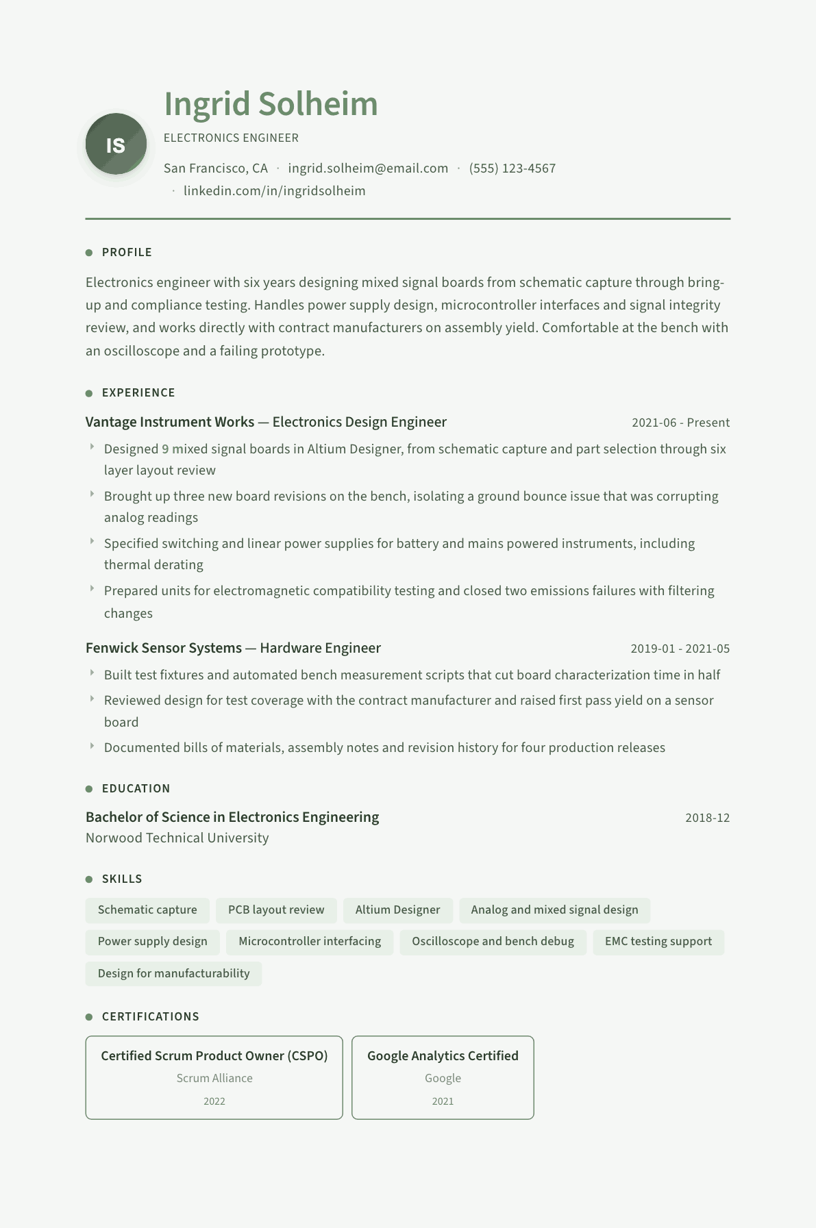 Electronics Engineer resume example, Sage Garden template