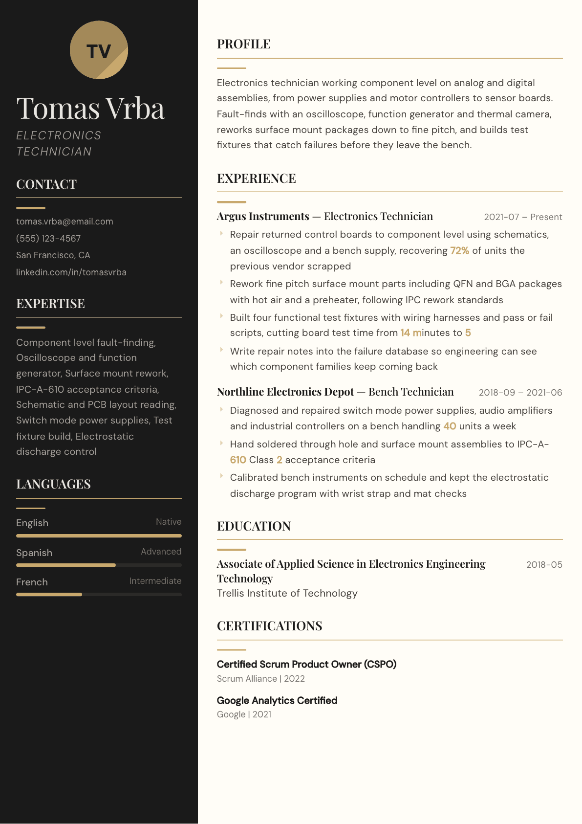 Electronics Technician resume example, Obsidian template