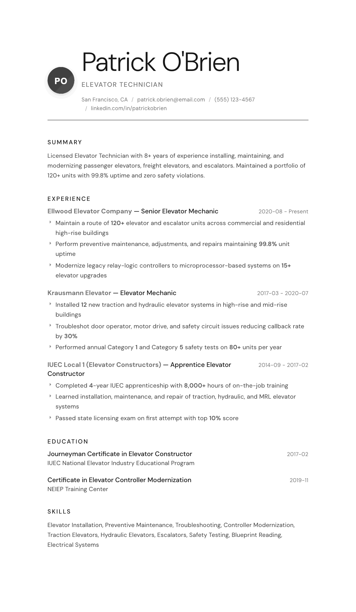 Elevator Technician resume example, Whisper template