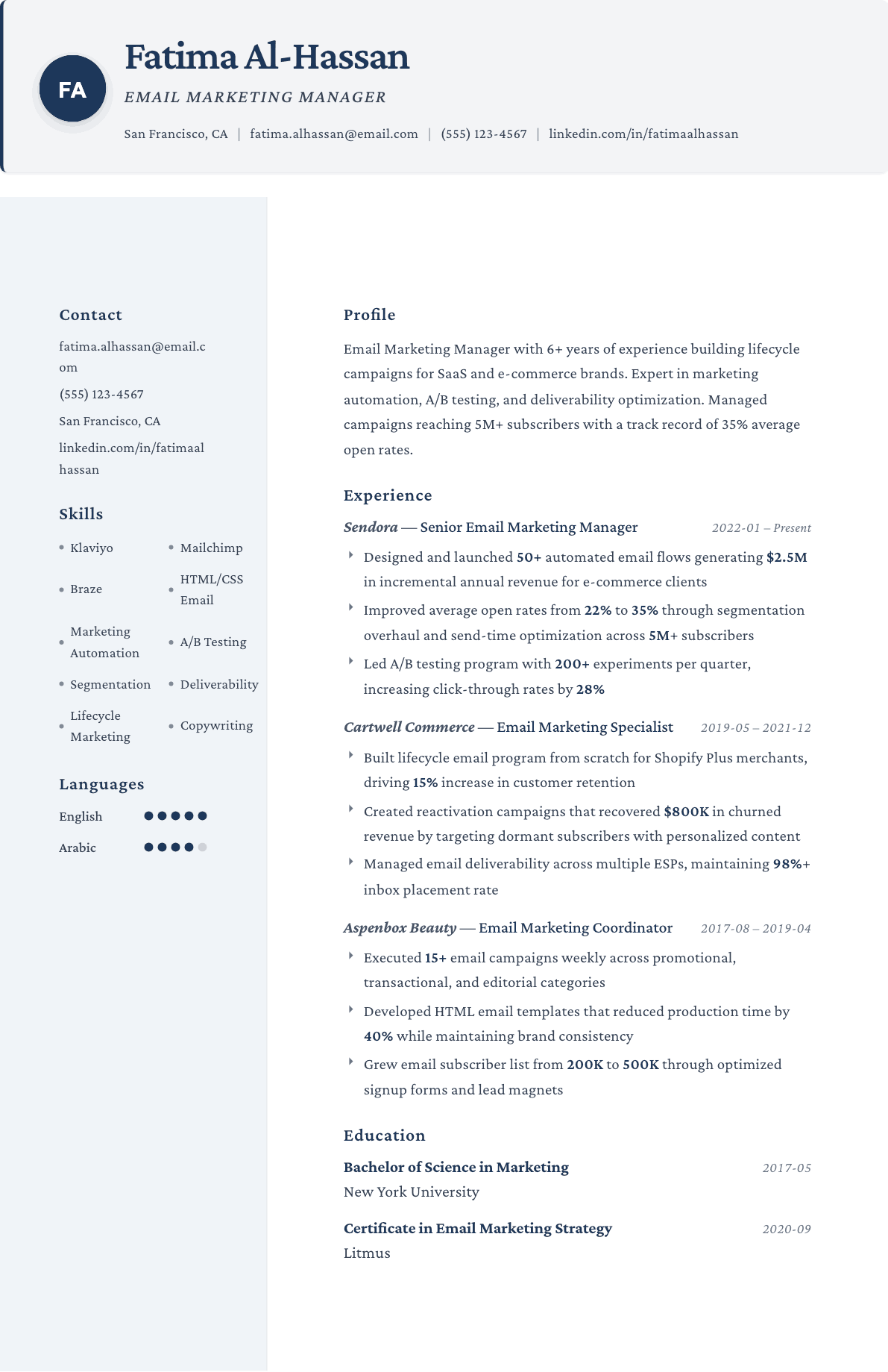 Email Marketing Manager resume example, Formal template