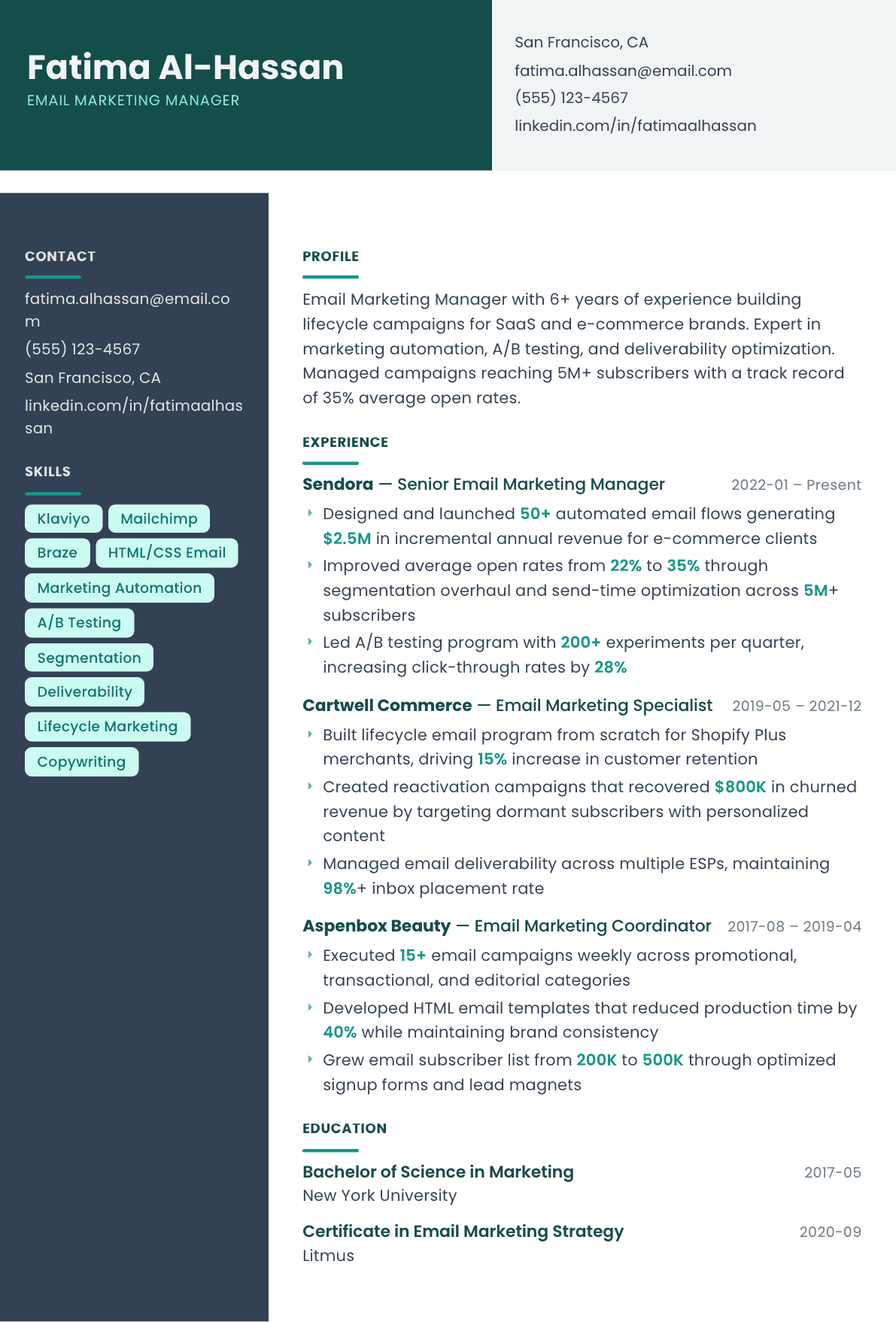 Email Marketing Manager resume example, Spectrum template