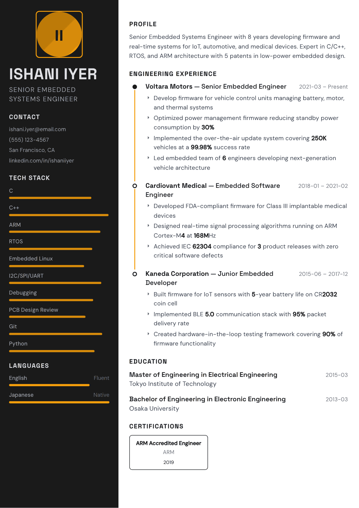 Embedded Systems Engineer resume example, Architect template
