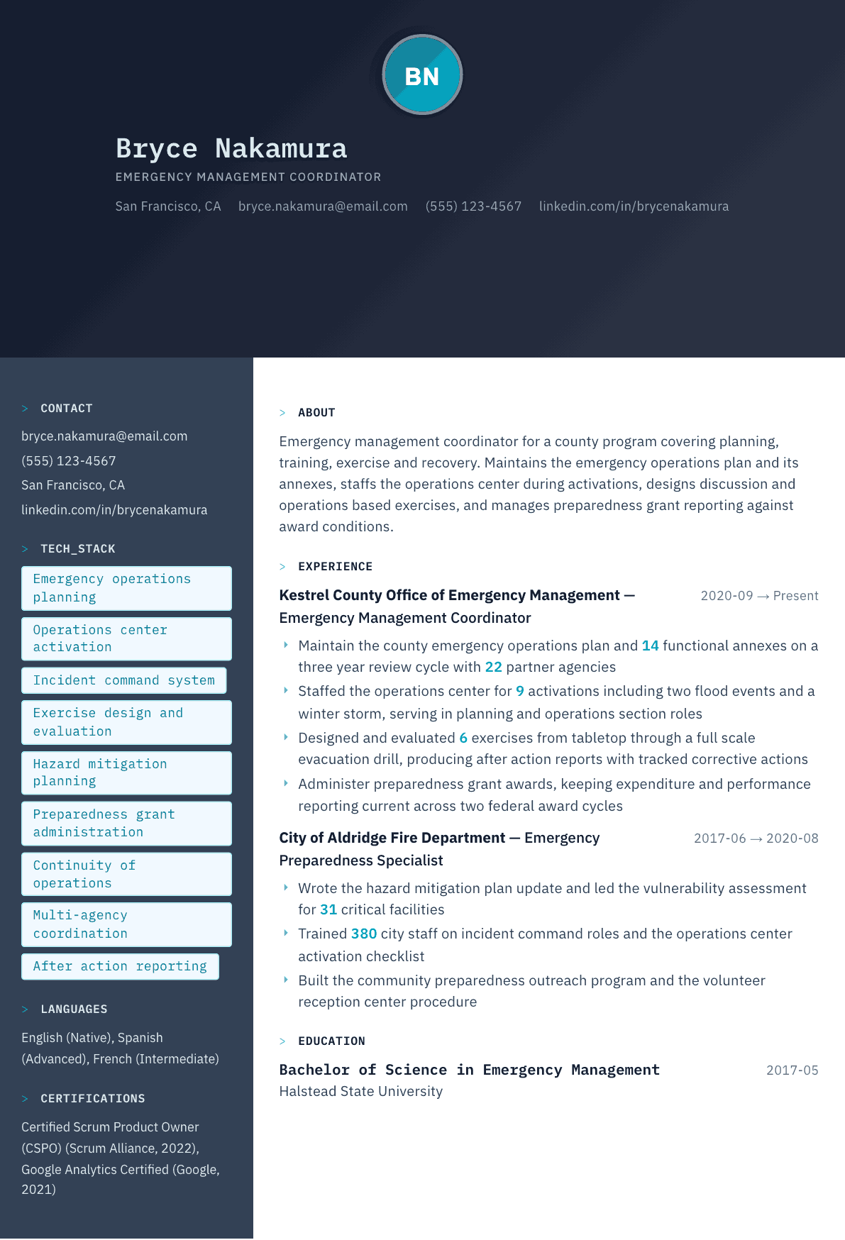 Emergency Management Coordinator resume example, Code Terminal template