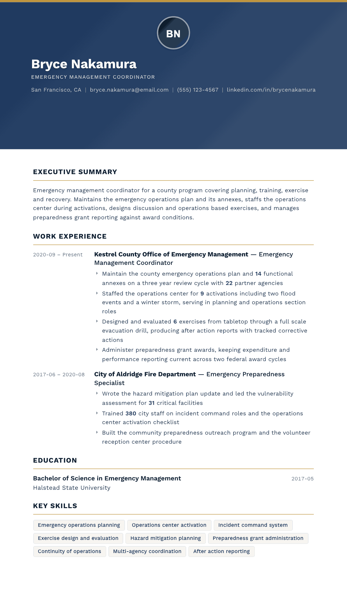 Emergency Management Coordinator resume example, Sovereign template