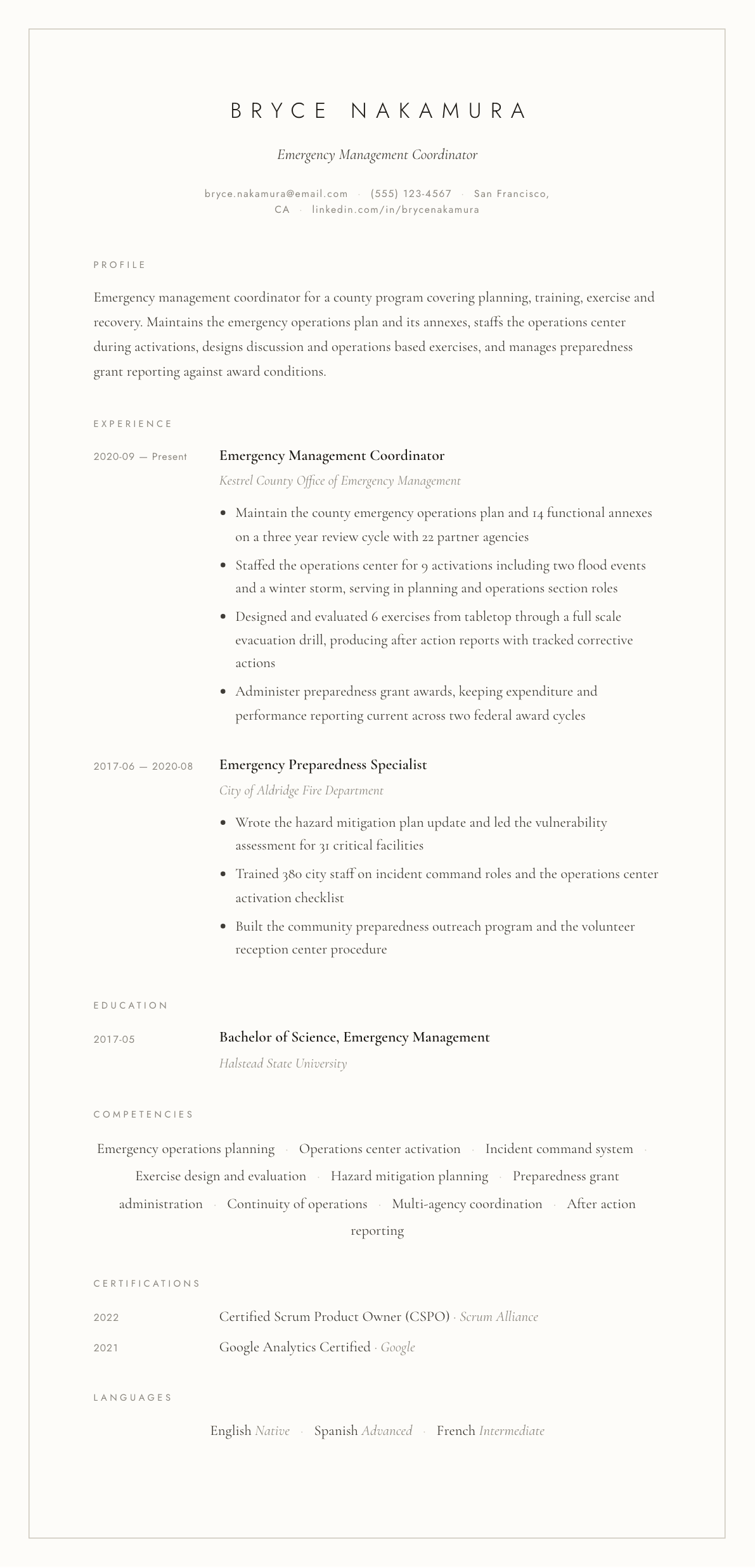 Emergency Management Coordinator resume example, Vellum template