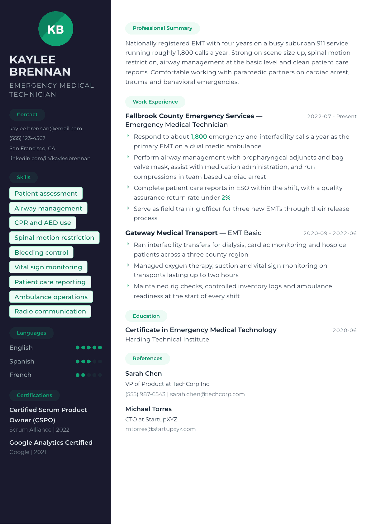 Emergency Medical Technician resume example, Oslo template
