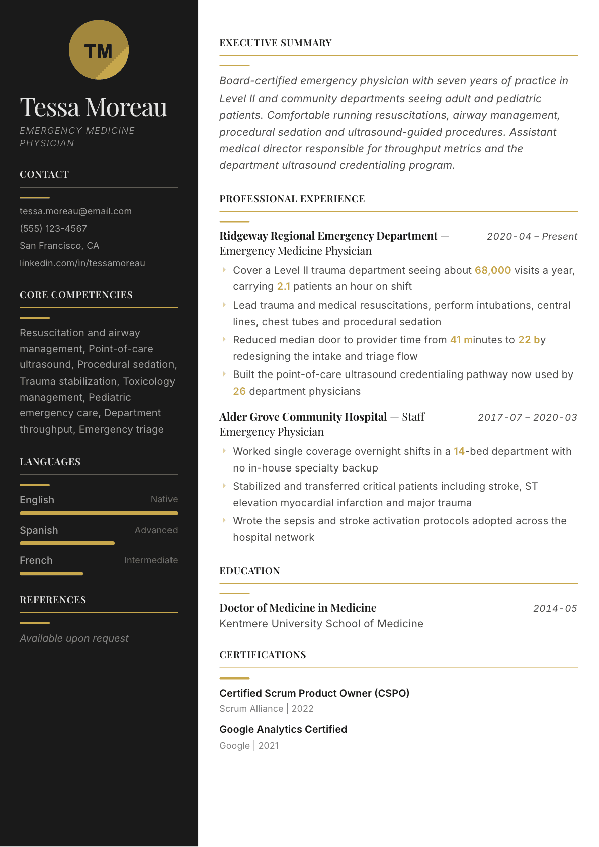 Emergency Medicine Physician resume example, Ink & Gold template