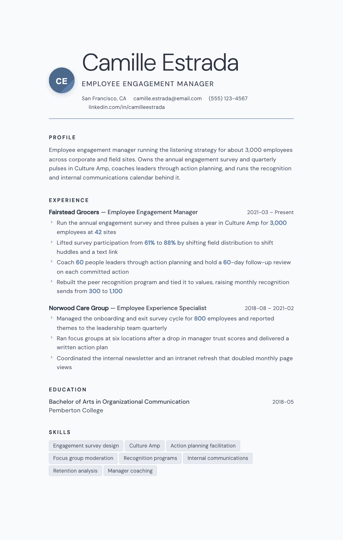 Employee Engagement Manager resume example, Nordic template