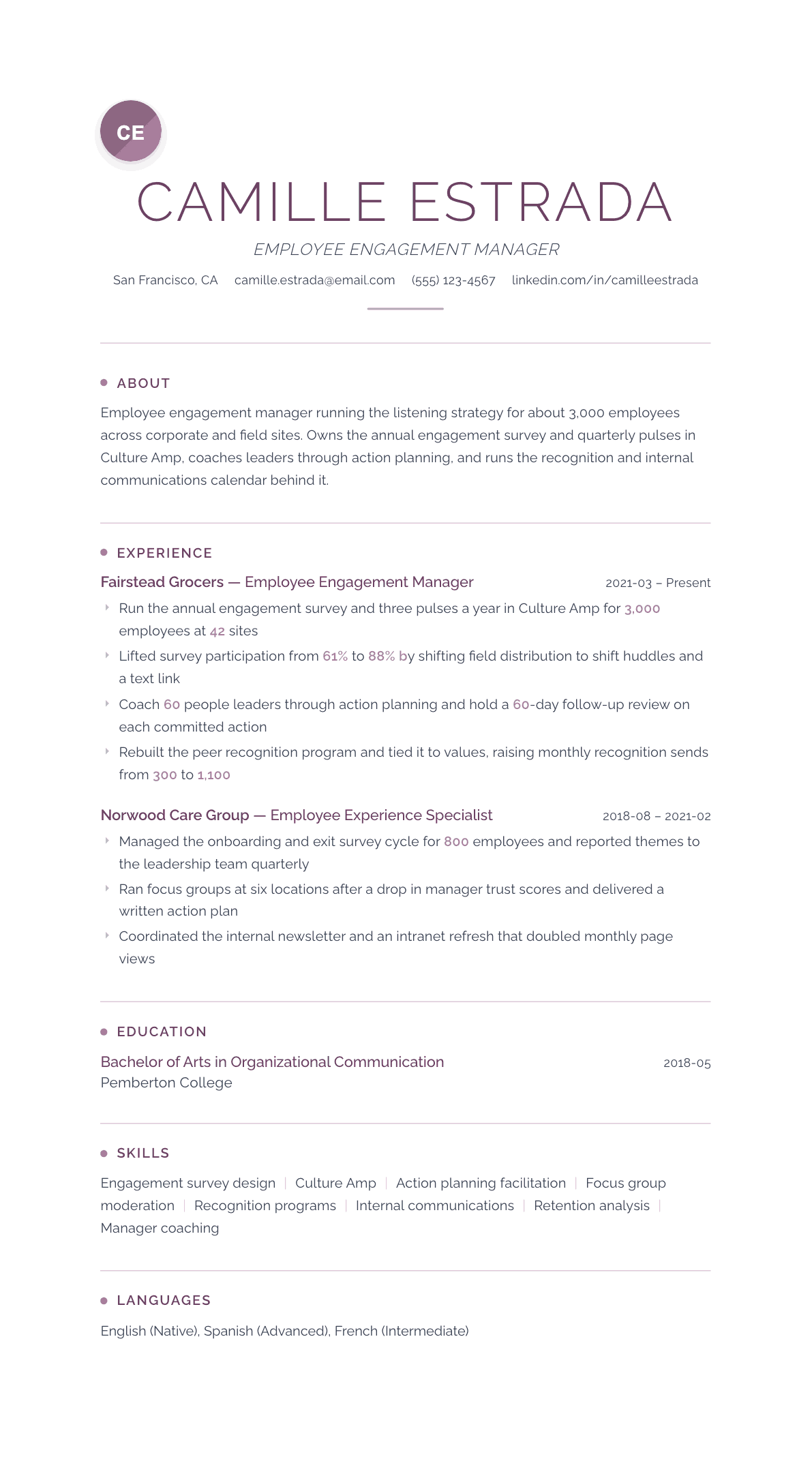 Employee Engagement Manager resume example, Serenity template