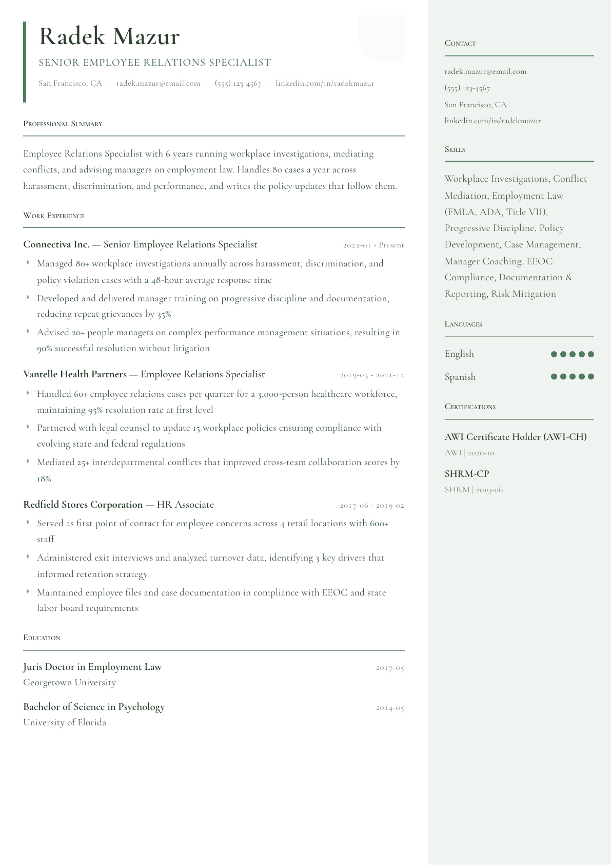 Employee Relations Specialist resume example, Copenhagen template