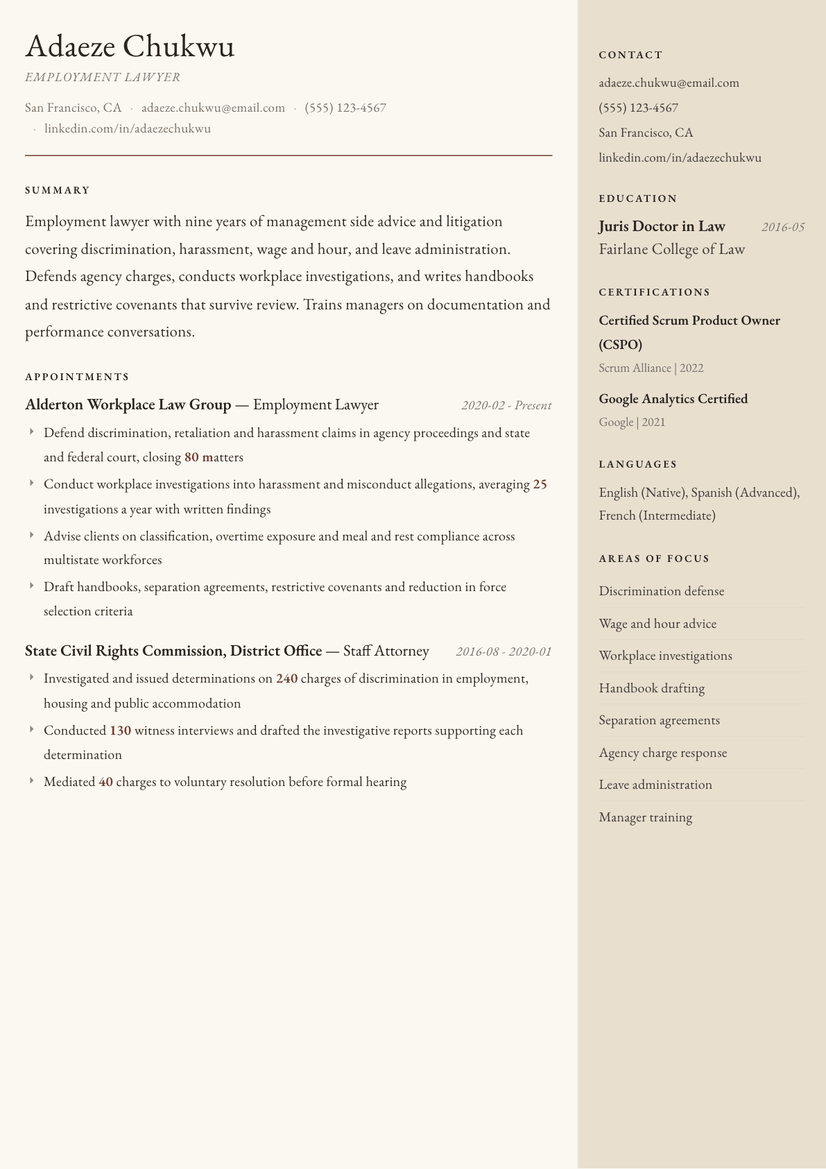 Employment Lawyer resume example, Manuscript template