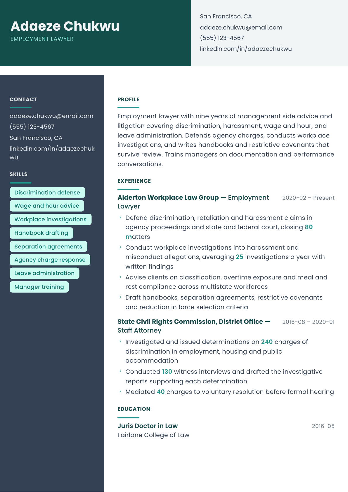 Employment Lawyer resume example, Spectrum template