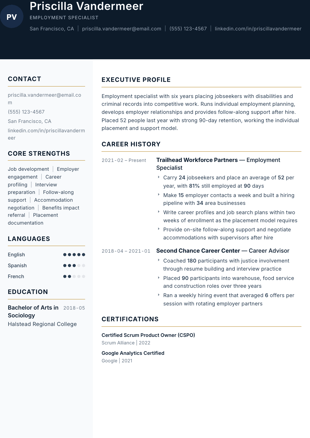 Employment Specialist resume example, Consulate template