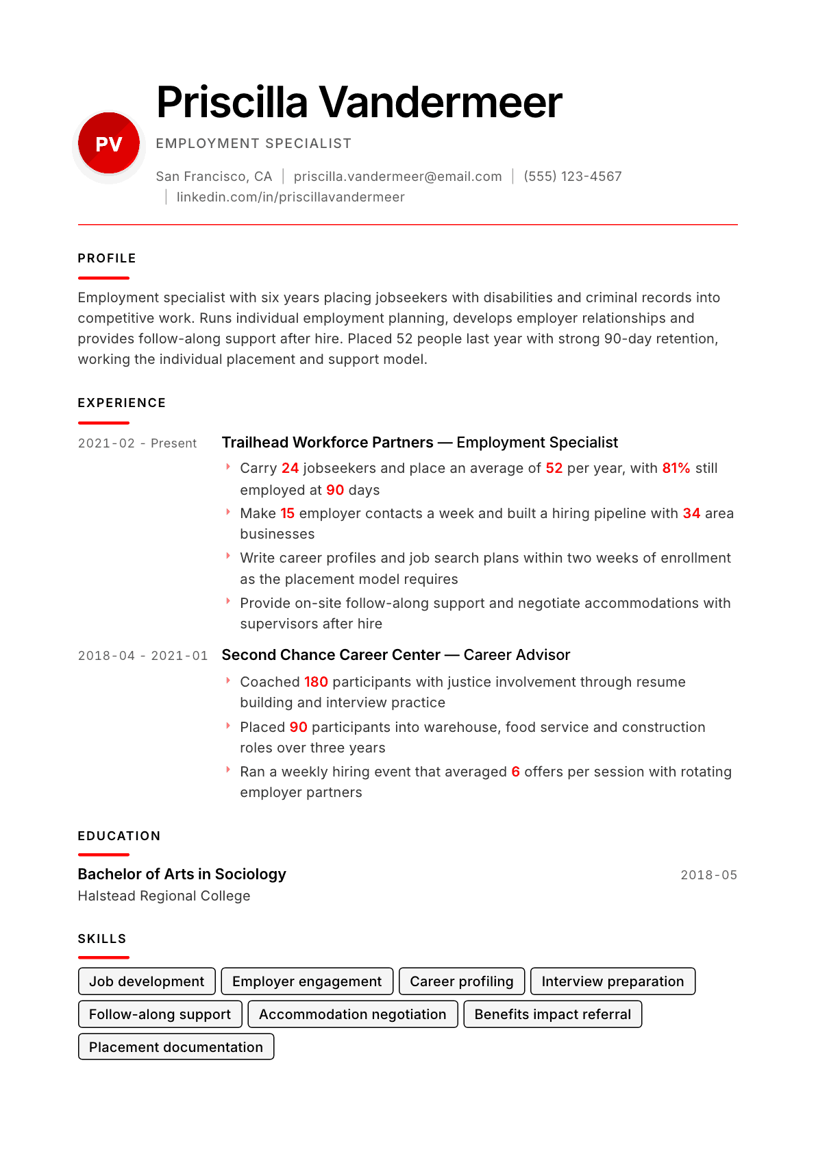 Employment Specialist resume example, Swiss Modernist template