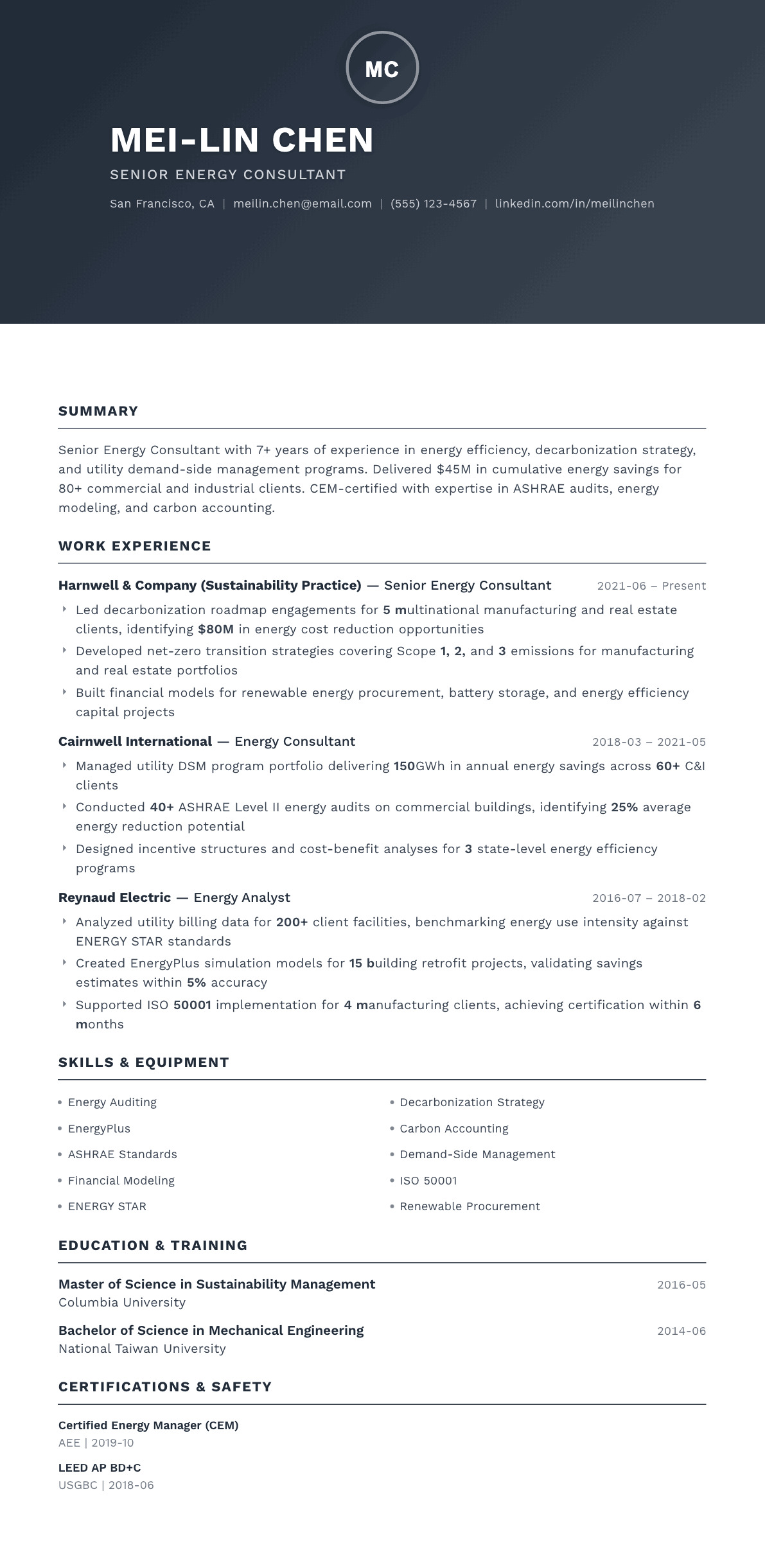 Energy Consultant resume example, Foundation template