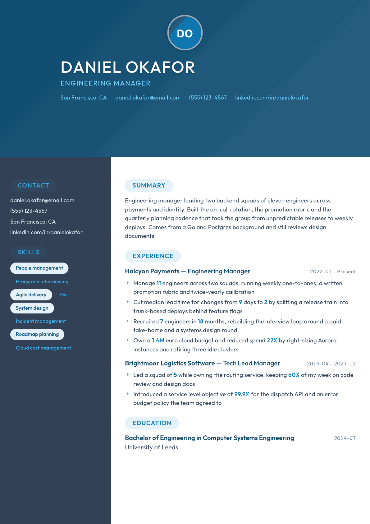 Engineering Manager resume example, Nexus template