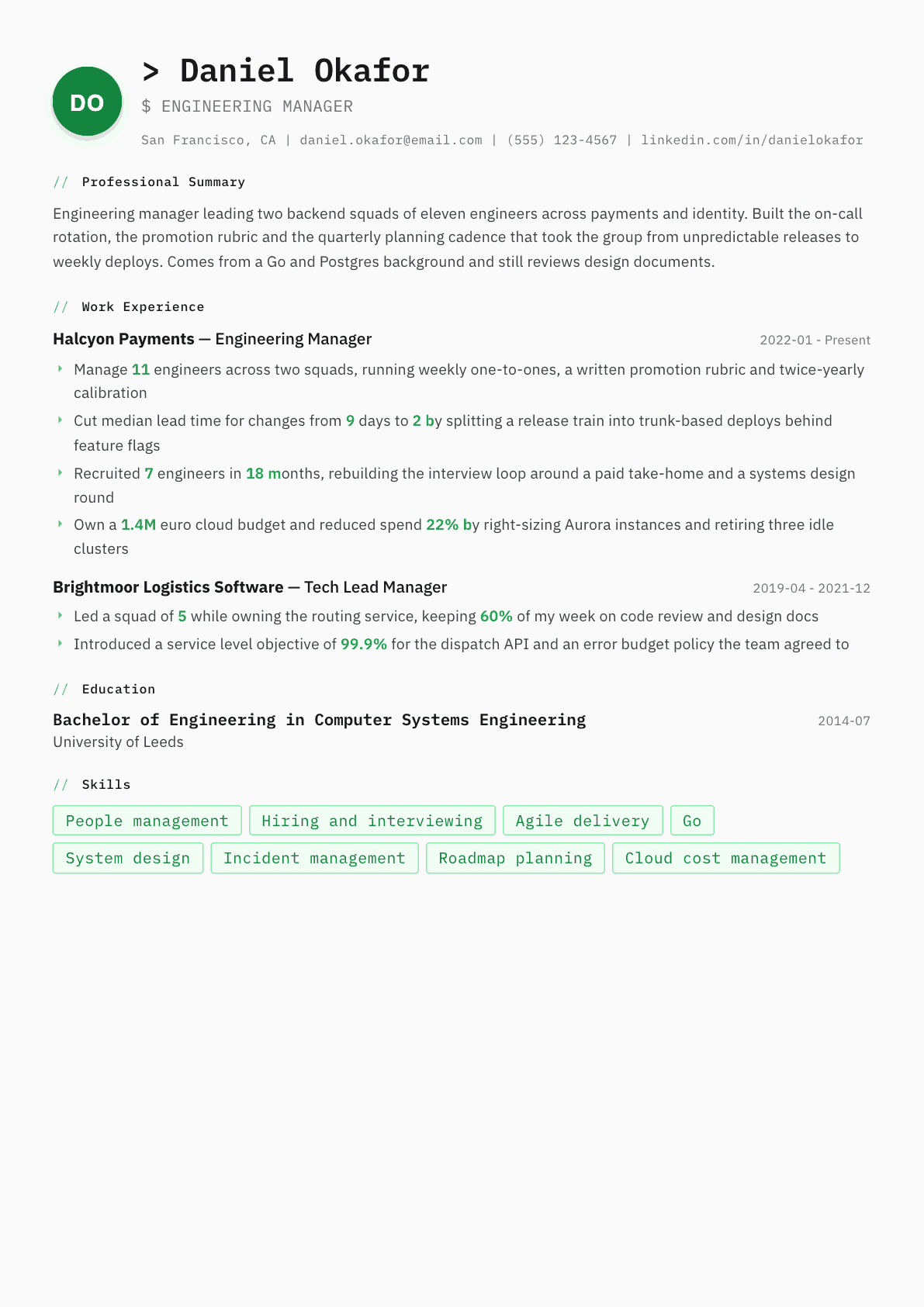 Engineering Manager resume example, Amsterdam template