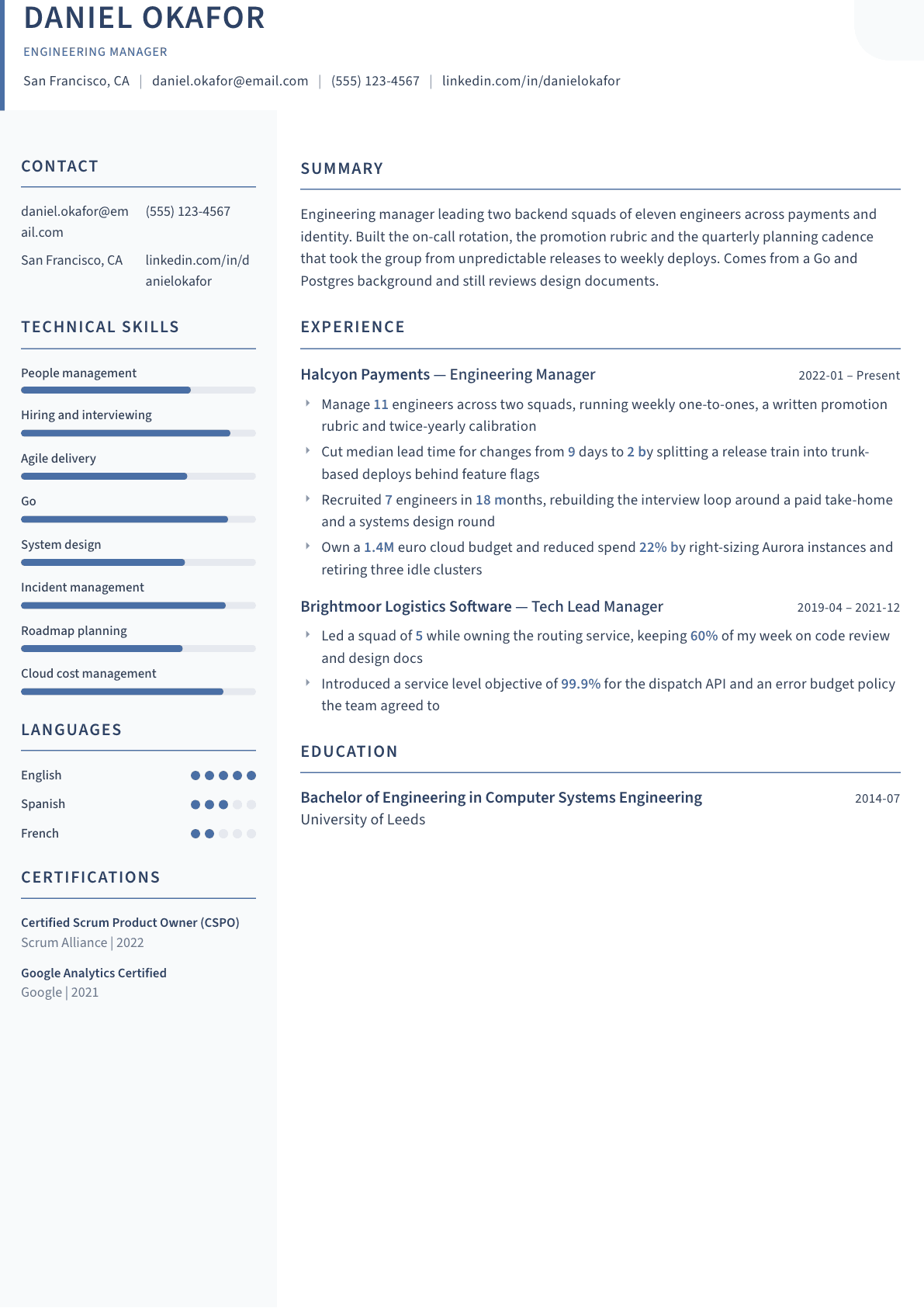 Engineering Manager resume example, Summit template