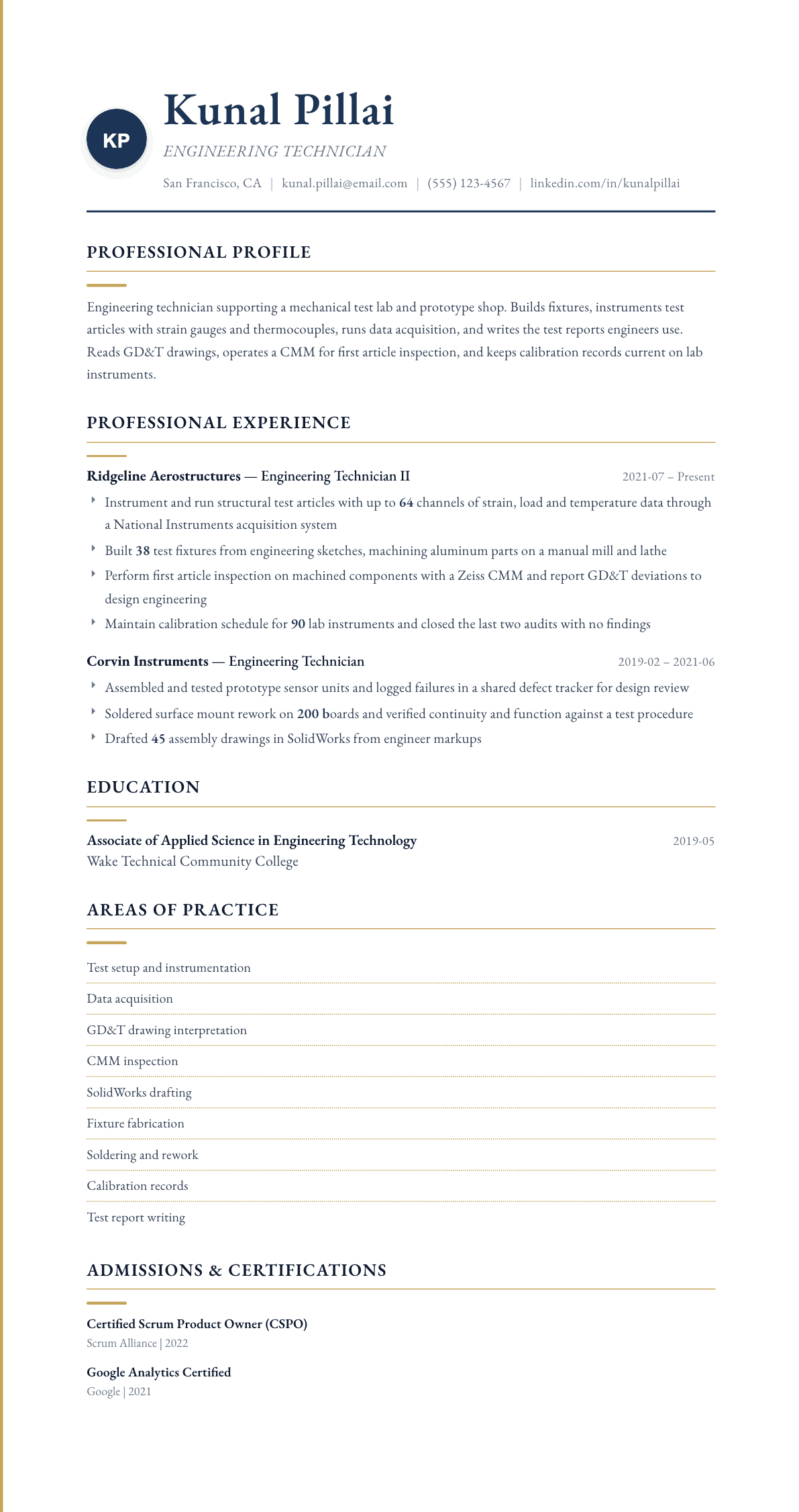 Engineering Technician resume example, Folio template