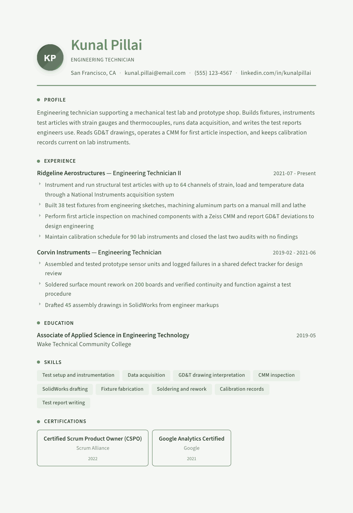 Engineering Technician resume example, Sage Garden template