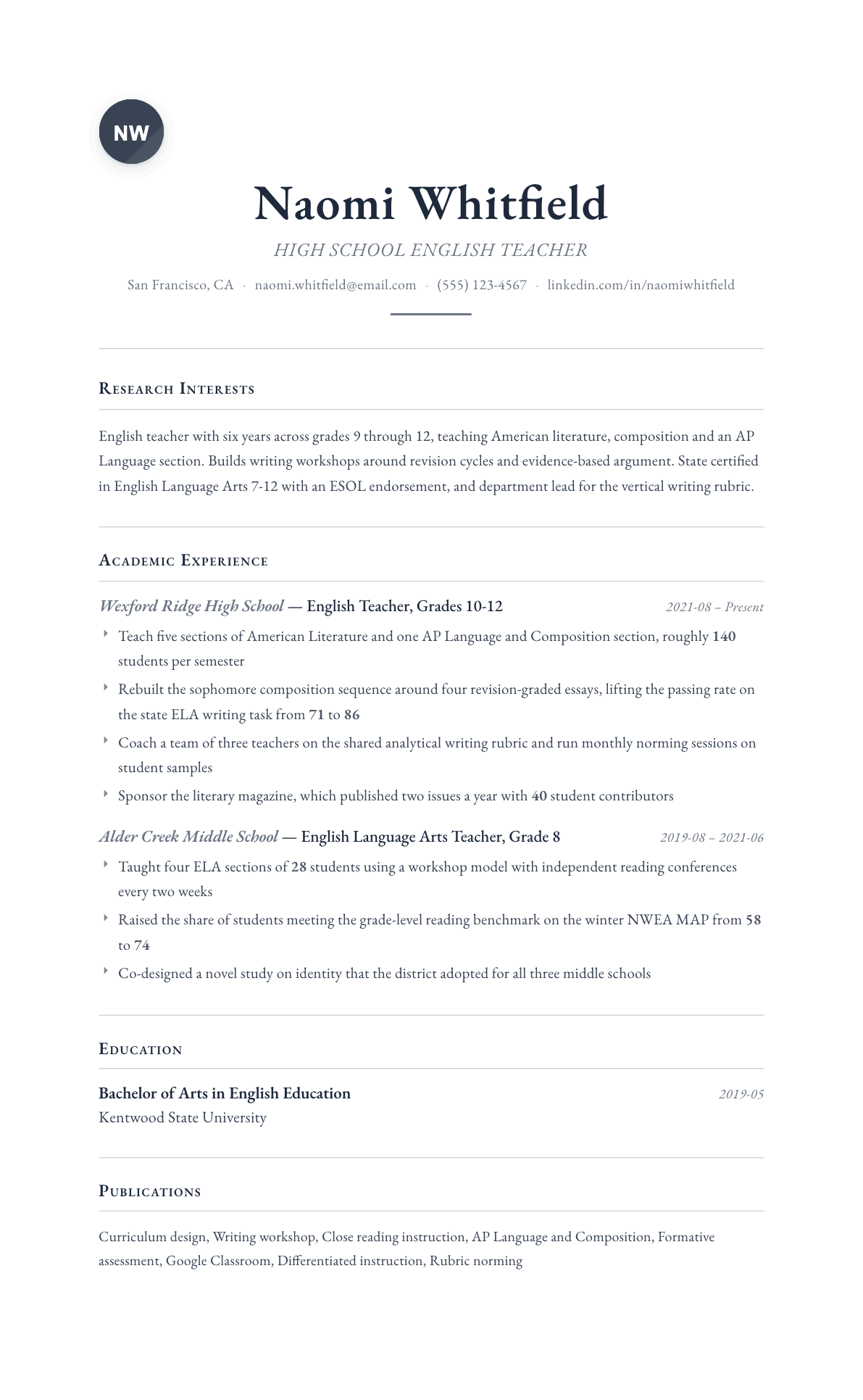 English Teacher resume example, Scholar template