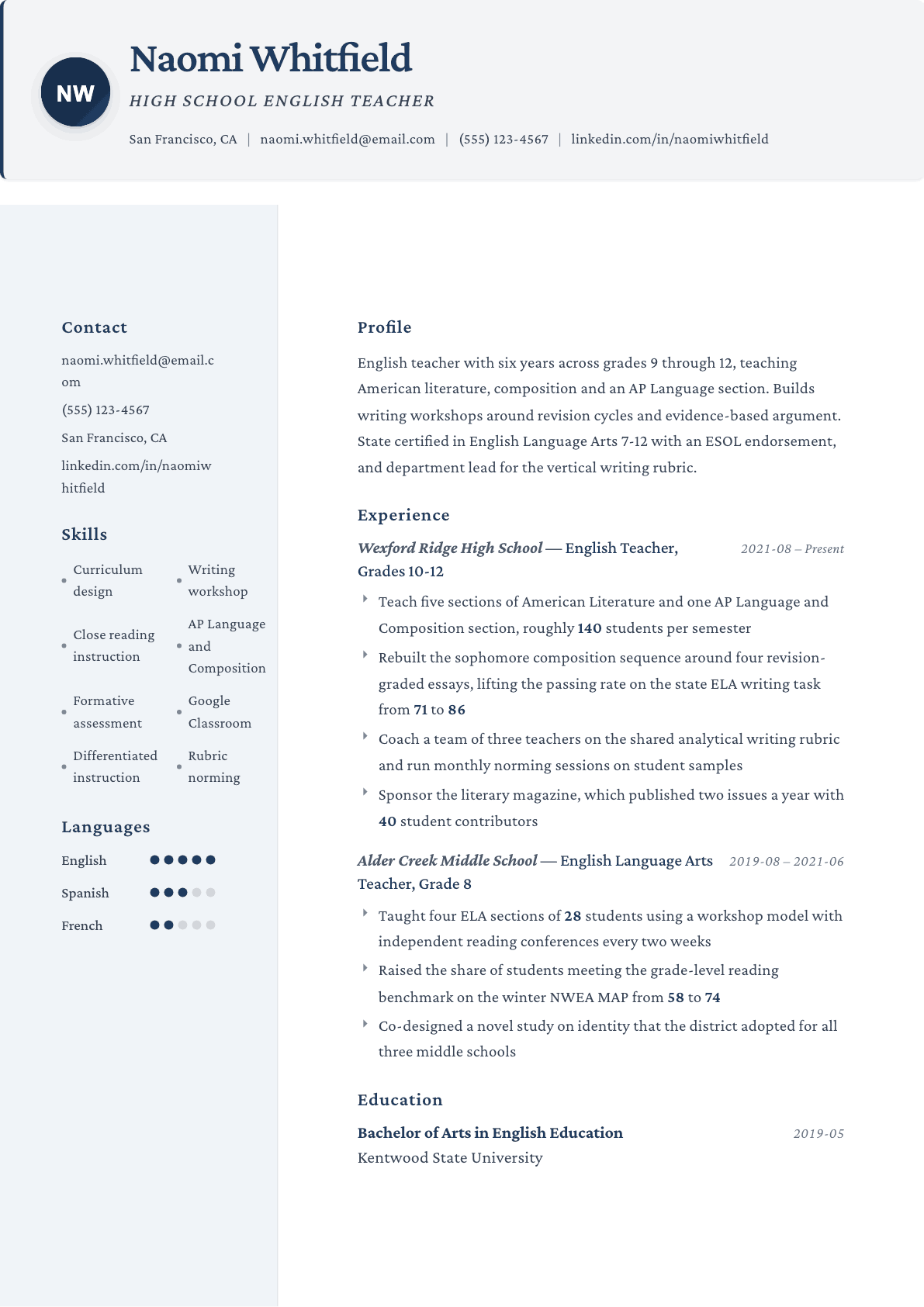 English Teacher resume example, Formal template