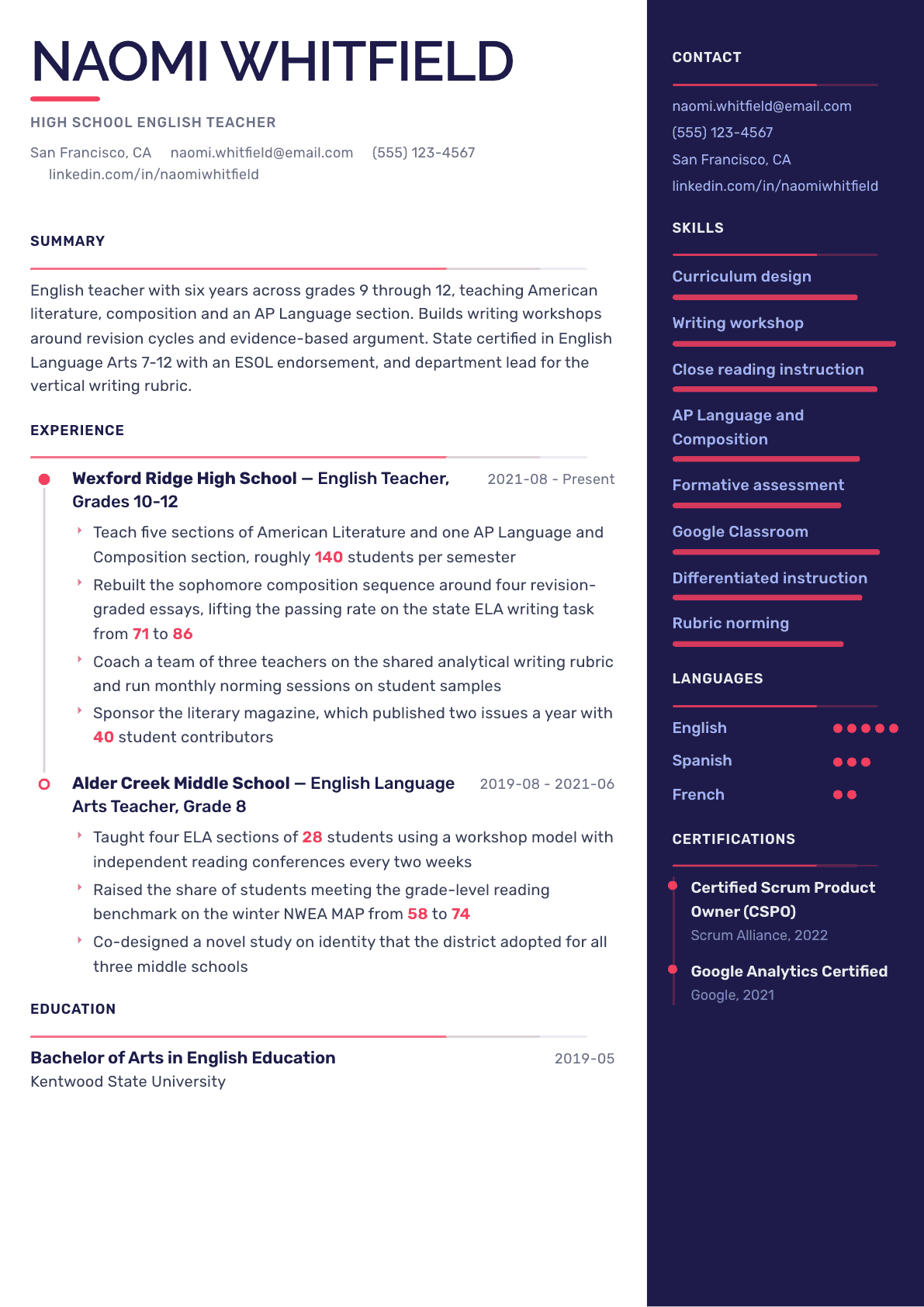 English Teacher resume example, Obsidian Dark template