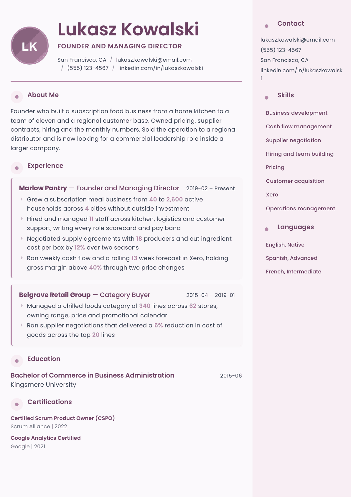Entrepreneur resume example, Bloom template