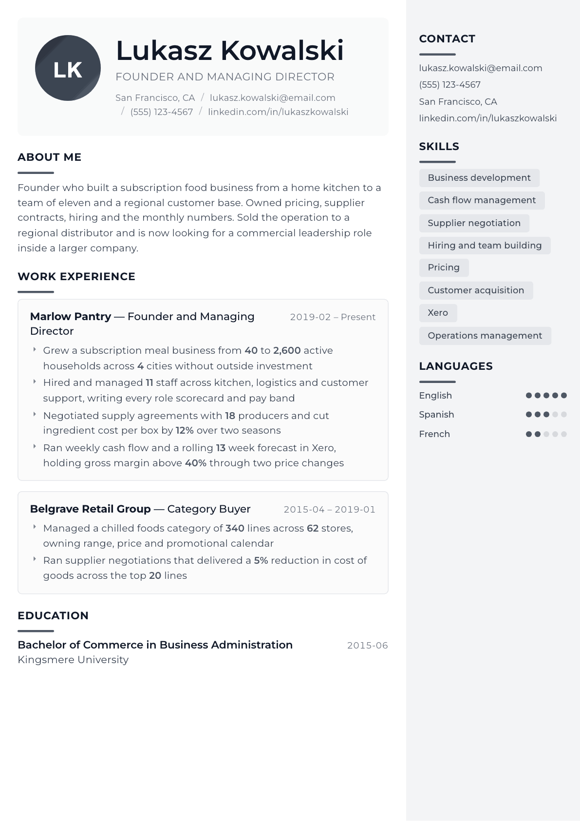 Entrepreneur resume example, Metropolitan template