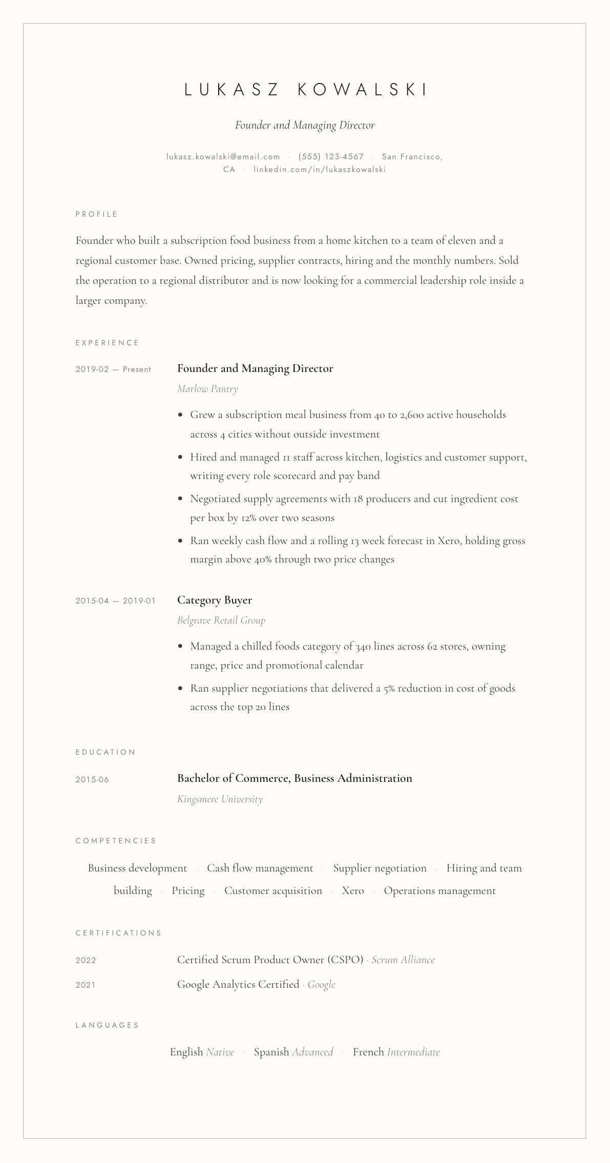 Entrepreneur resume example, Vellum template