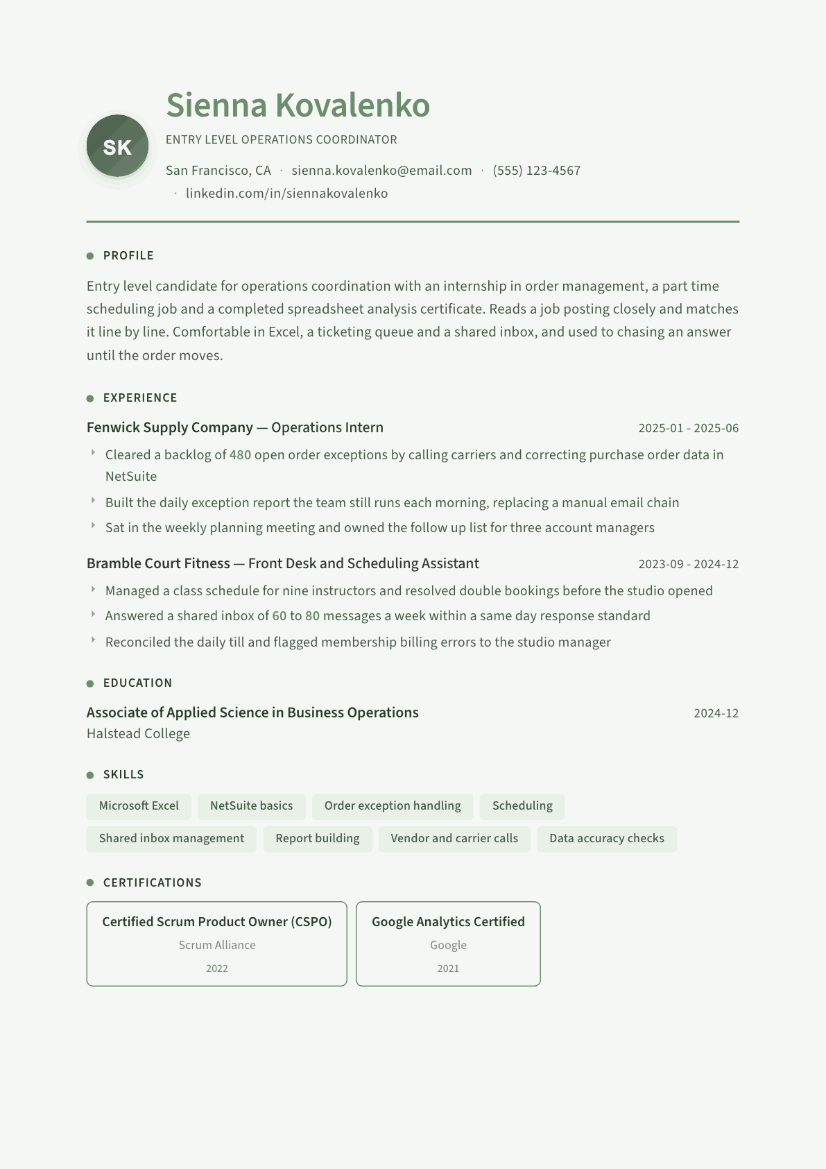Entry Level resume example, Sage Garden template