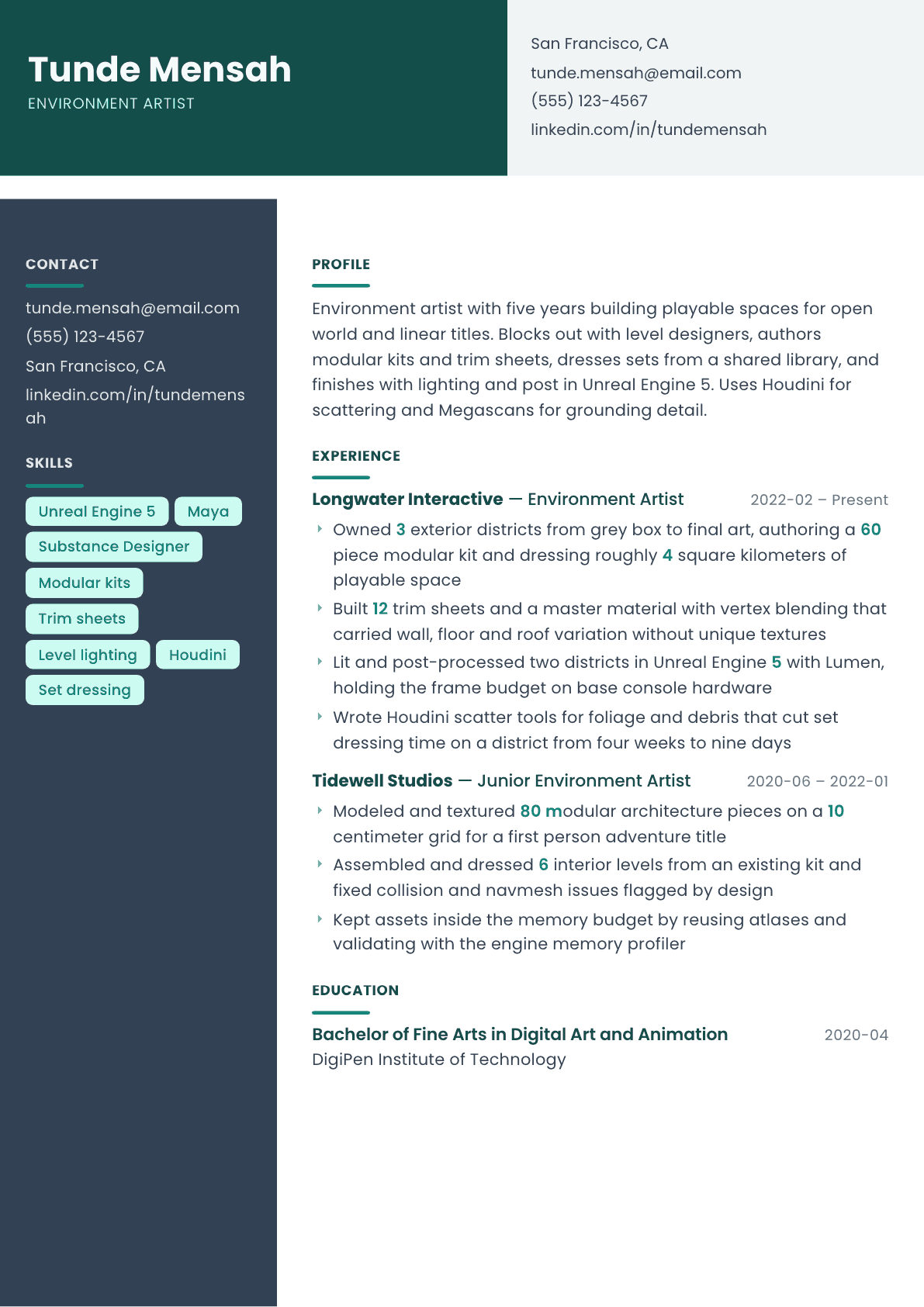 Environment Artist resume example, Spectrum template