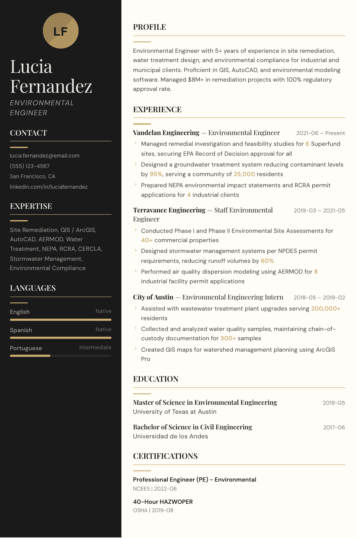 Environmental Engineer resume example, Obsidian template
