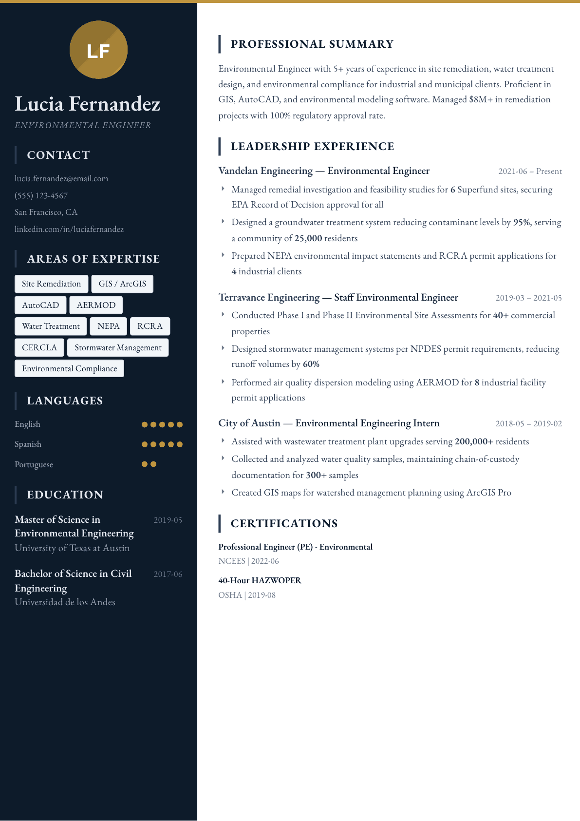 Environmental Engineer resume example, Presidio template